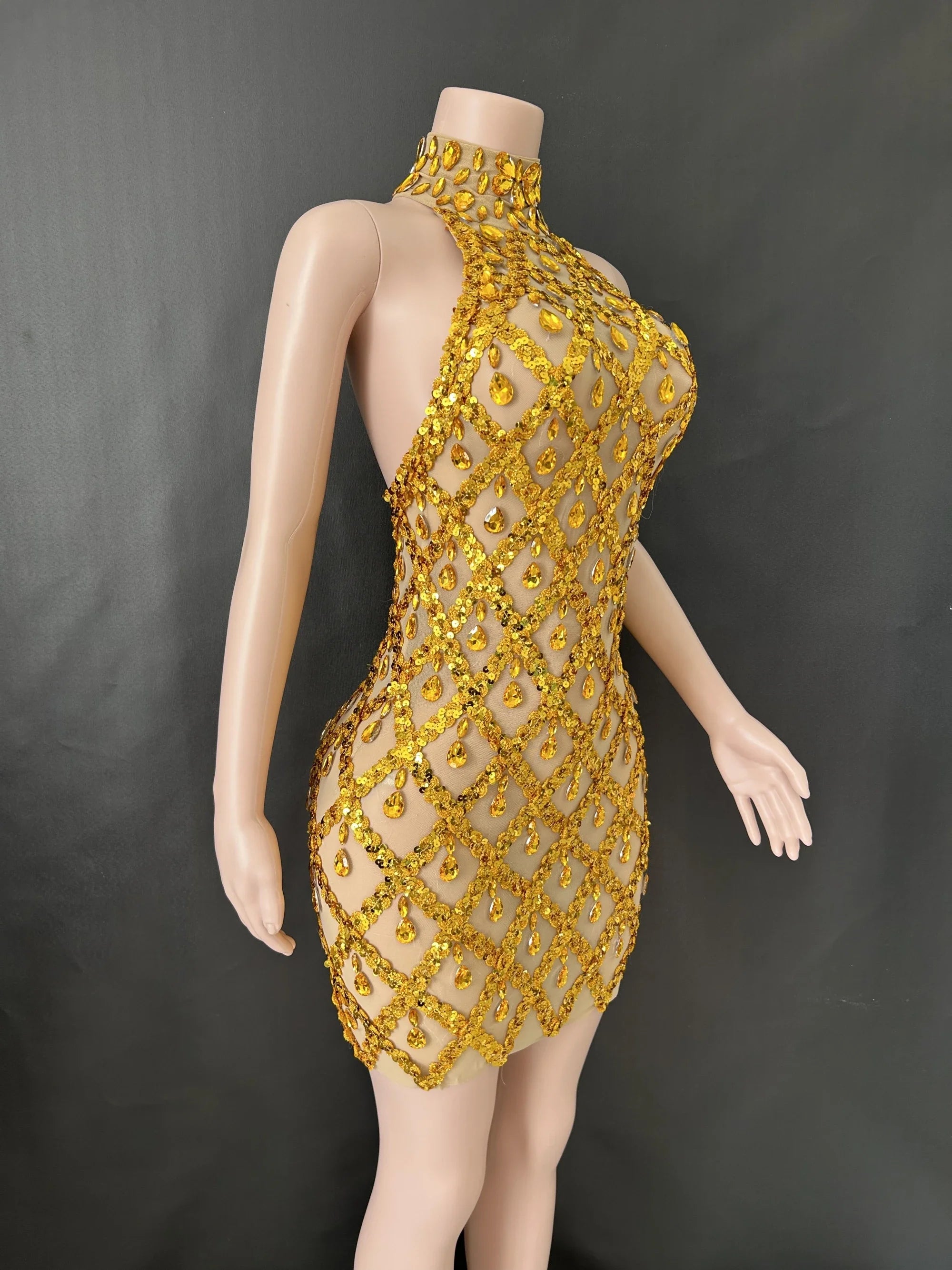 Prom Birthday Dress Transparent Rhinestone Sequins Dress