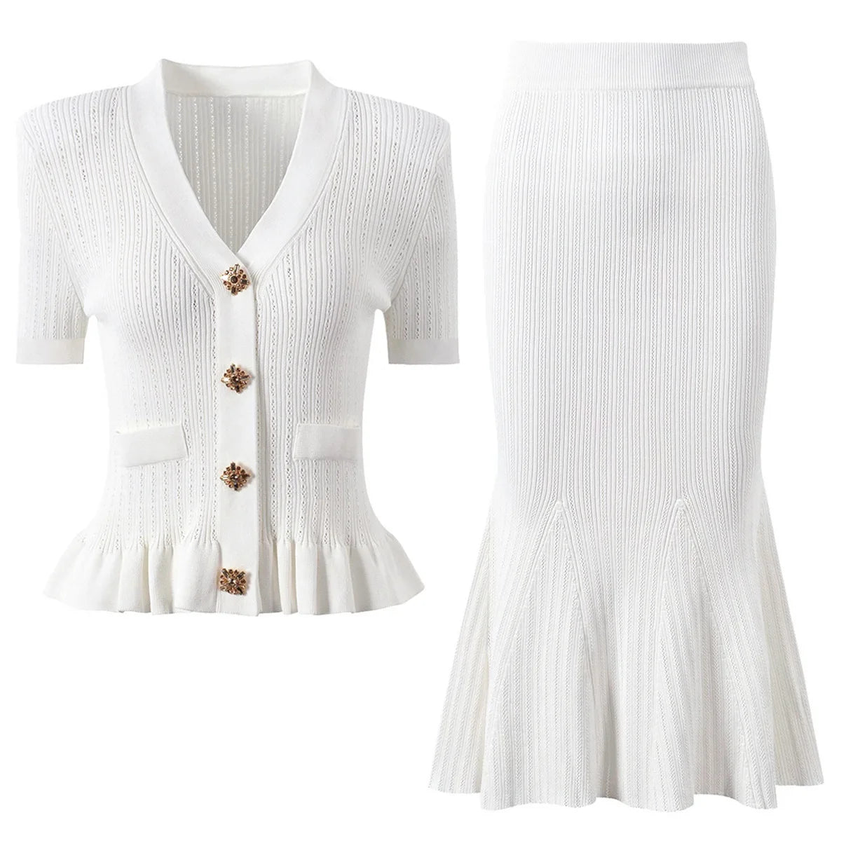 Knitted Two Piece Set Short Sleeve Knitting Cardigan Fishtail Long Skirt Suit
