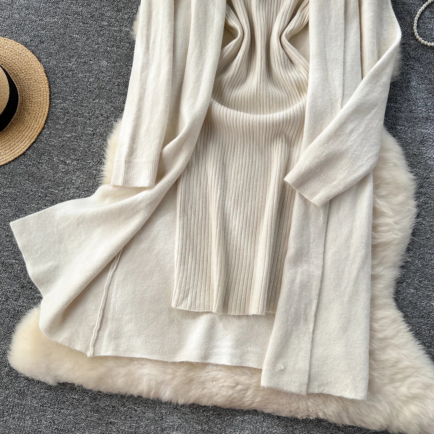 Knitted Two-Piece Sets  Knitting Cardigan+Spaghetti Strap Bodycon Dress