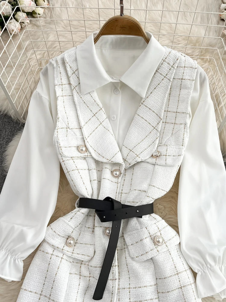 Temperament Lapel White Shirt+V-neck Single Breasted Tweed Vest  Two-piece Set Dress