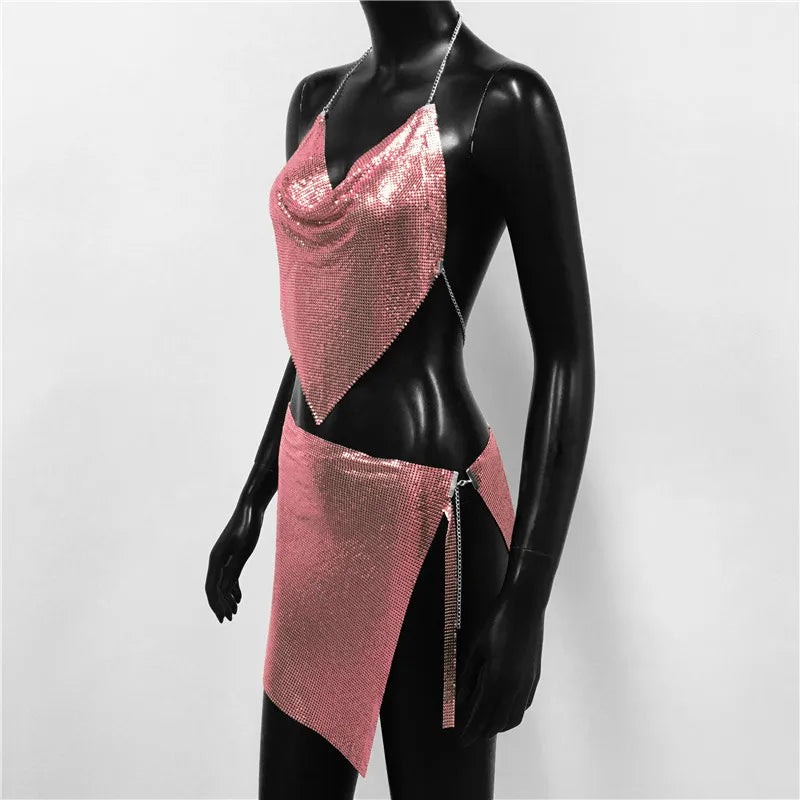Metal Sequins 2 Piece Set Backless Halter Tank Tops Split Mini Skirts
