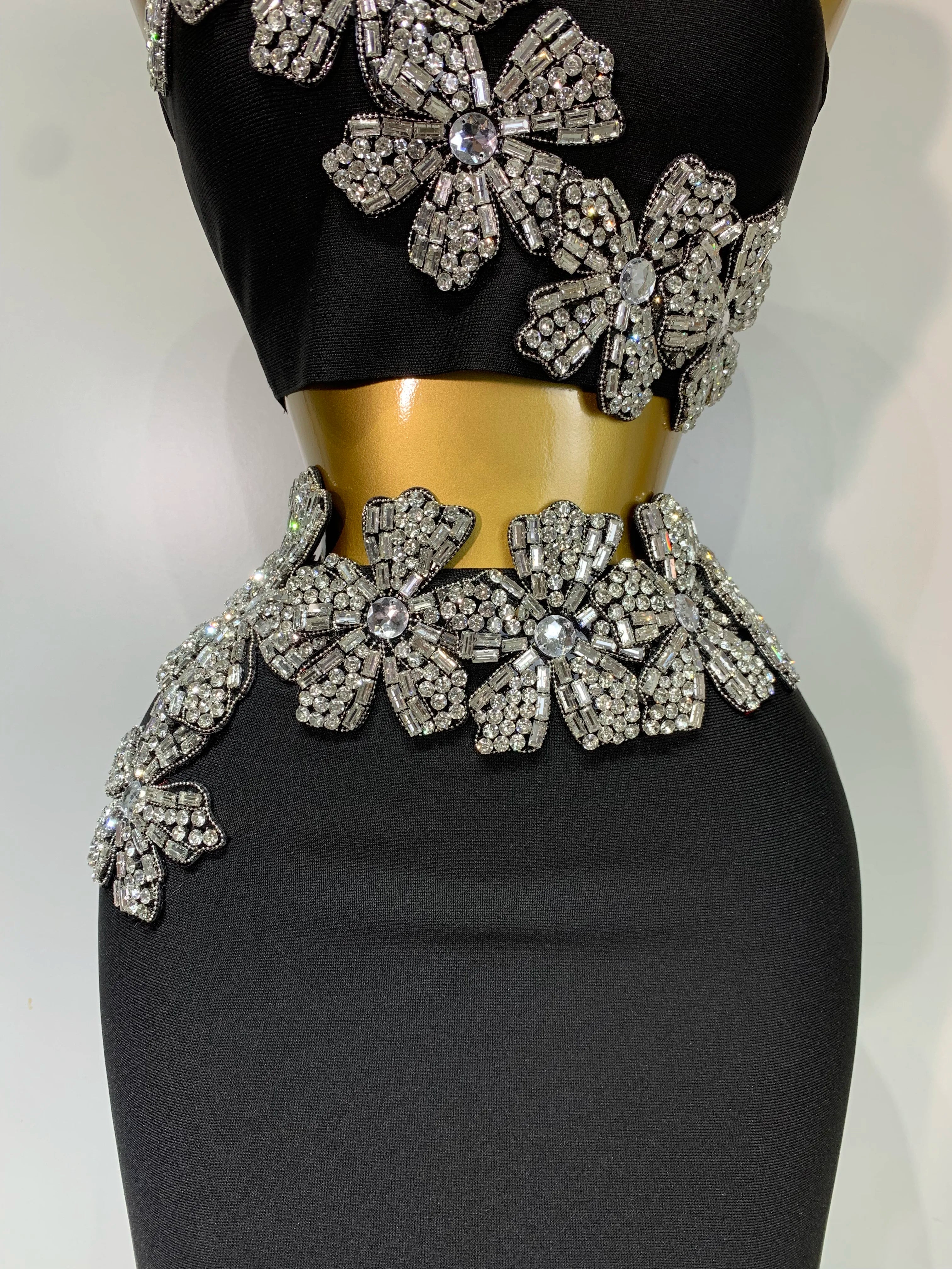 Strapless Flower Diamonds Maxi Long Bandage Two Piece Set