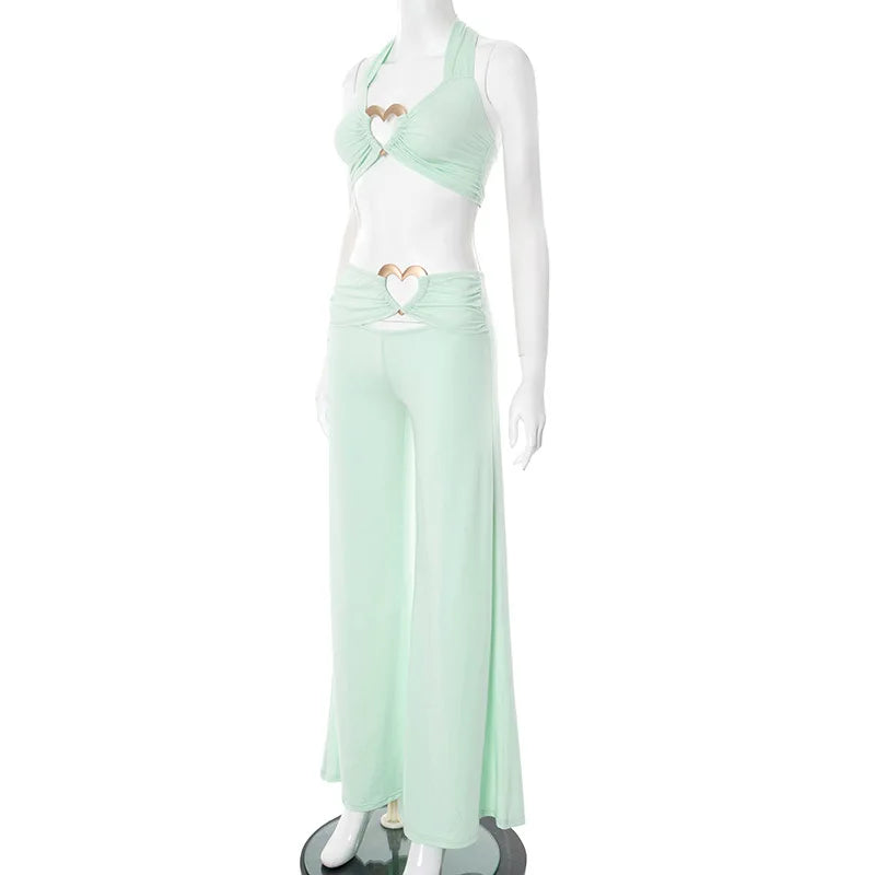 Metal Heart Buckle Lace Up Halter Backless Crop Tops + Wide Leg Pants Set