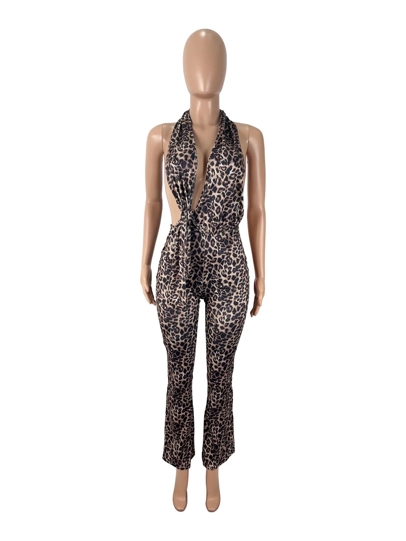 Leopard Print Halter Neck One-Piece Jumpsuit