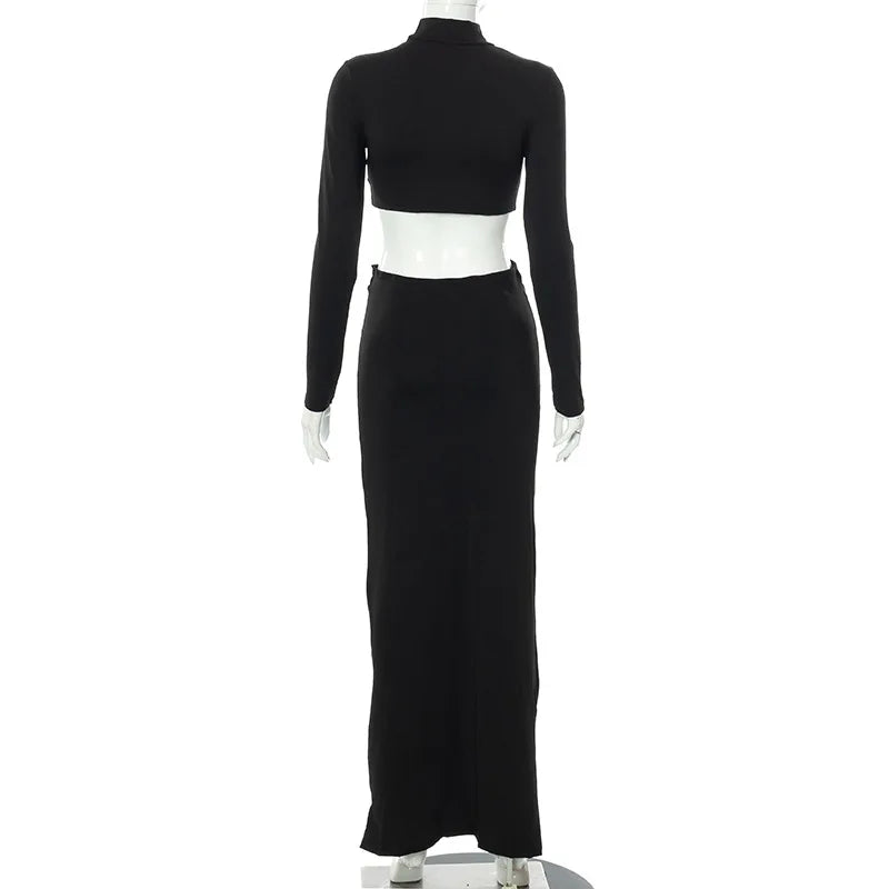 Elegant Long Sleeve Ruched Top and Skirts Two Piece Sets