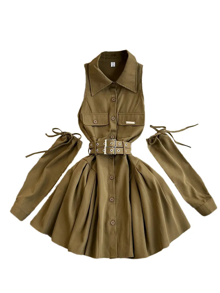 Turn-down Collar Waist Thin A-line Fluffy  Y2K Shirt Dress