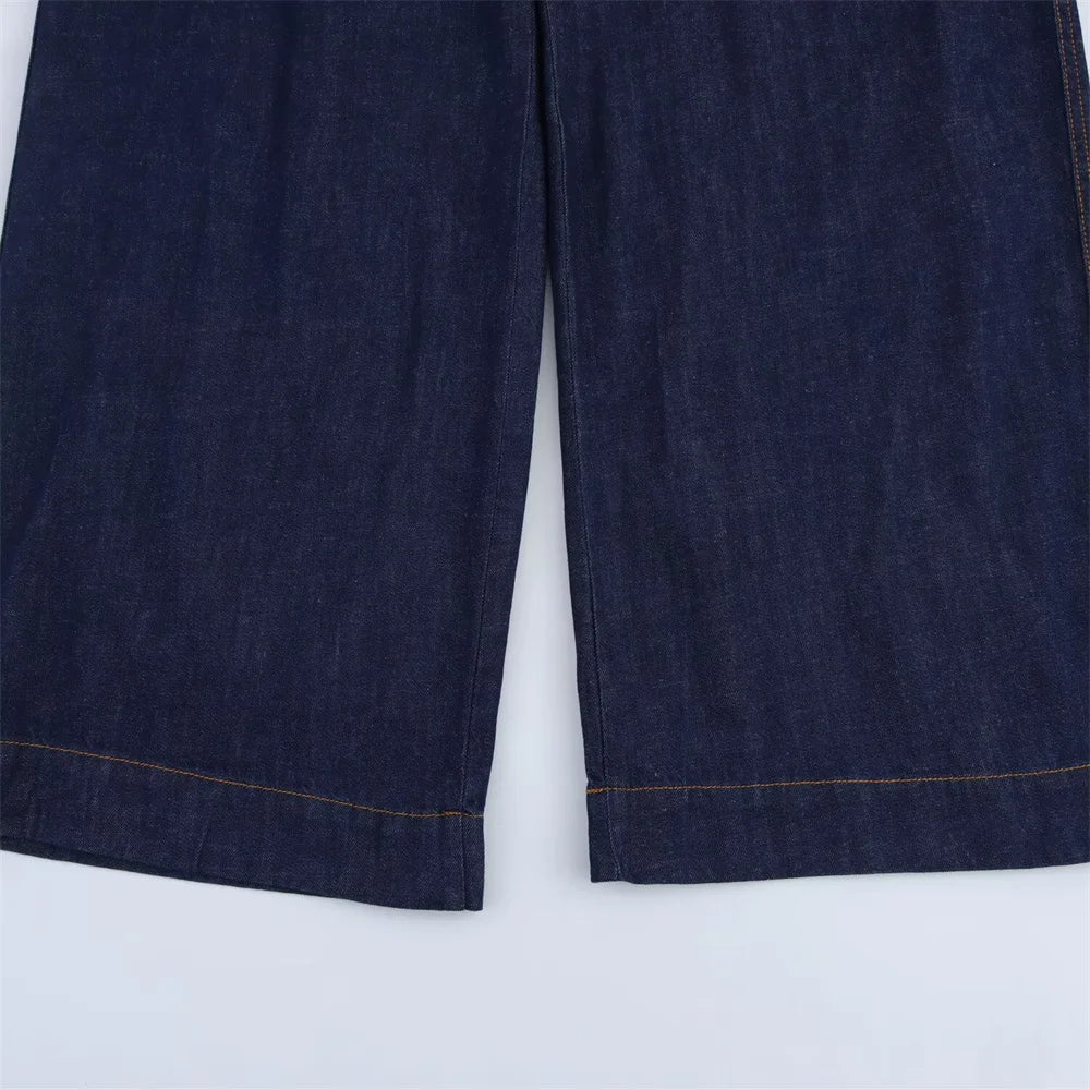 Denim Set Loose Fit Button Down Shirt With Wide Leg Pants