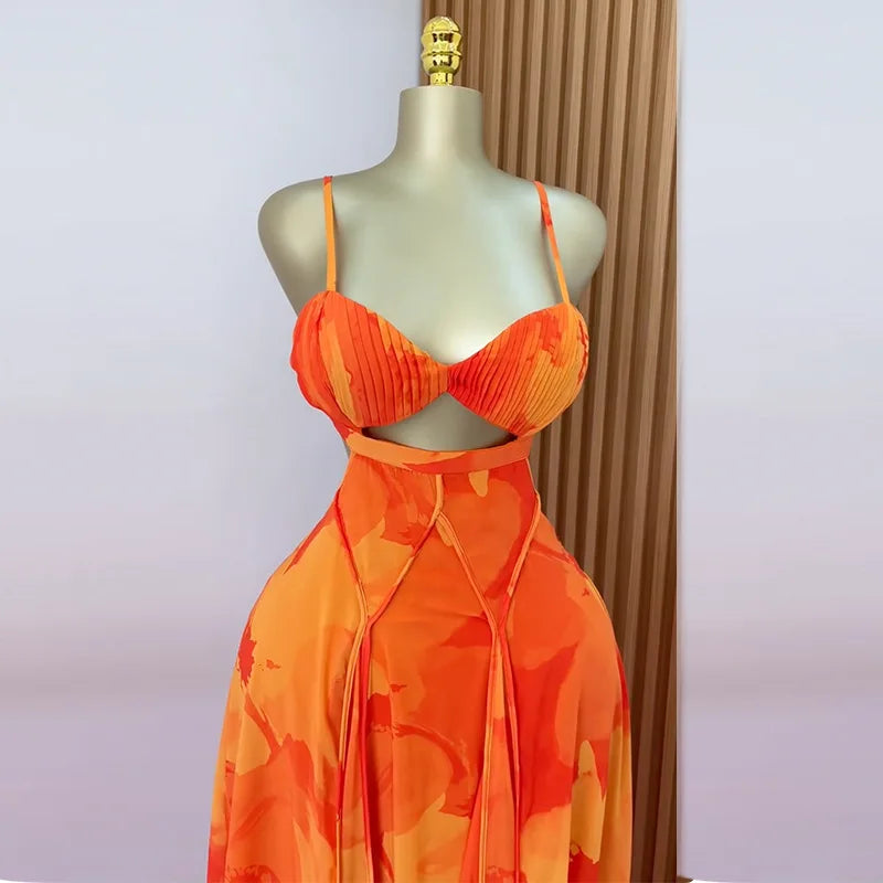 Floral Printed Strap Backless Swing Maxi Long Dress