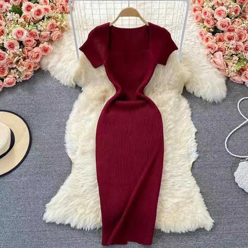 Elegant Square Neck Short Sleeve Slim Fit Knitted Bodycon Dress