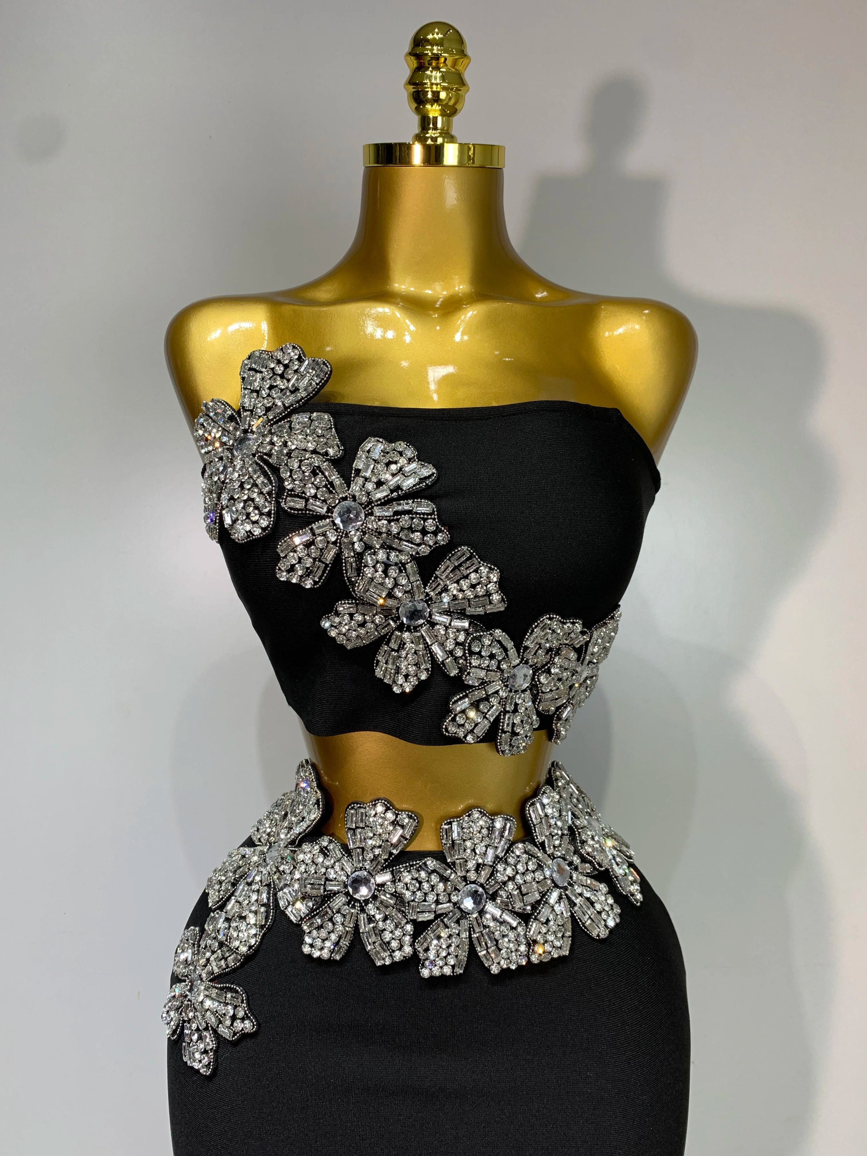 Strapless Flower Diamonds Maxi Long Bandage Two Piece Set