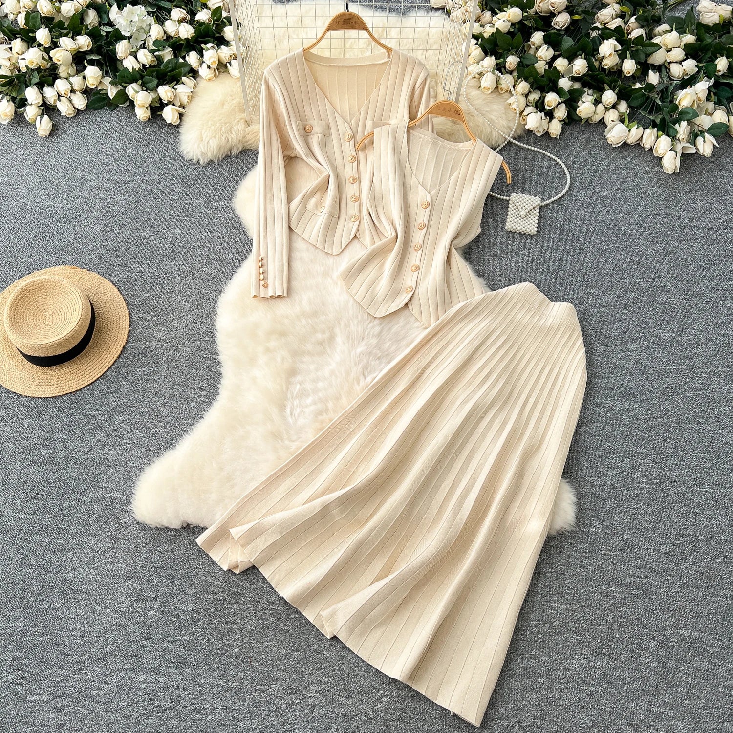 Knitted Full Sleeves Tops+Single Breasted Tank Tops+Elastic Waist Skirt  Suits
