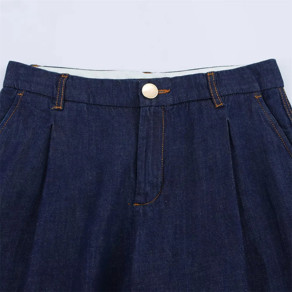 Denim Set Loose Fit Button Down Shirt With Wide Leg Pants