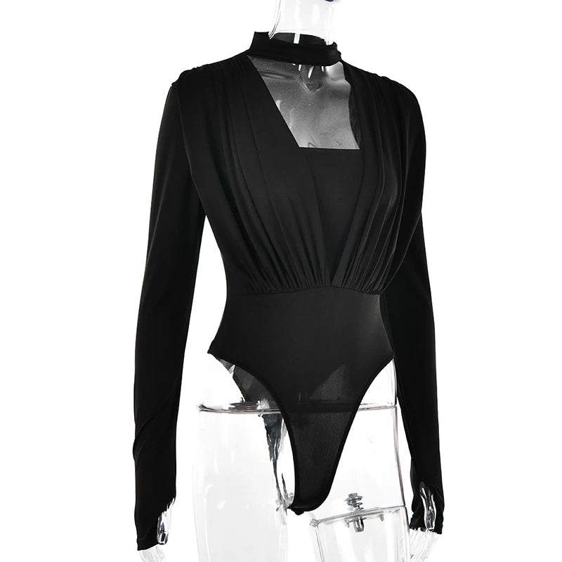 Irregular Pleated Crew Neck Full Sleeve High-waist Cutout Bodysuit