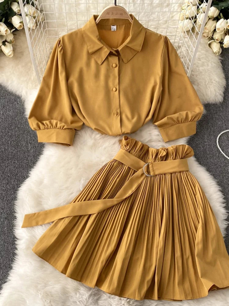 Puff Short Sleeve Shirt+Pleated A-line Short Skirt Two Piece Set