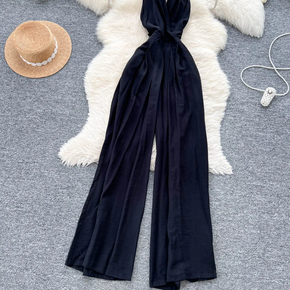 Backless Halter Lace Up Draped Chic Jumpsuit