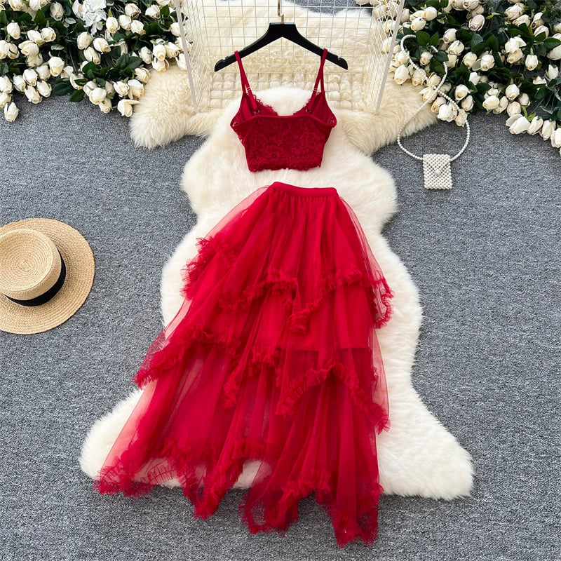 Vintage Sleeveless Lace Crop Top with A-Line Mini Skirt