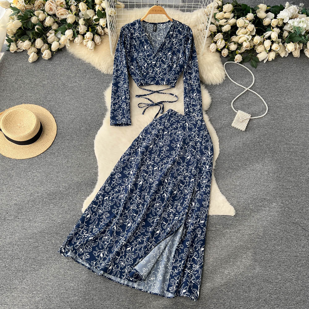 Chiffon Two Pieces Suits Lace Up Top+ Split Long Skirt Sets