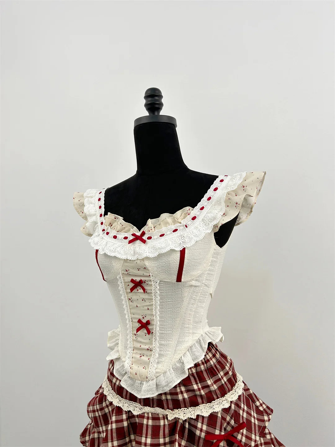 2000s Ballet 2 Piece Set Cute Lace Tank Top + Mini Plaid Skirt