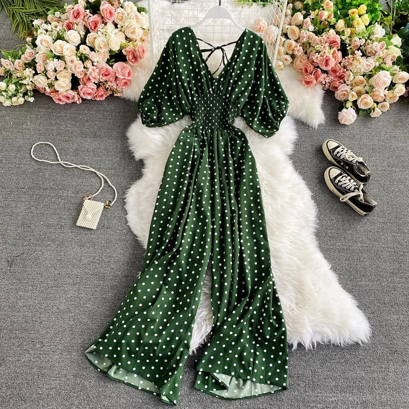 V Neck Dolman Sleeves Floral Print Wide Leg Jumpsuit