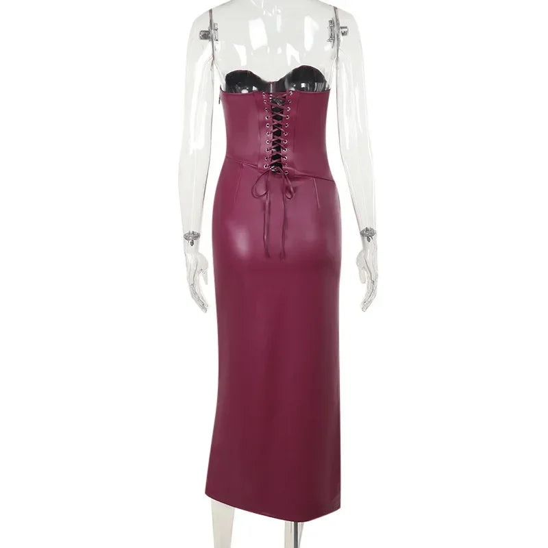 Off Shoulder Strapless PU Leather Maxi Dress