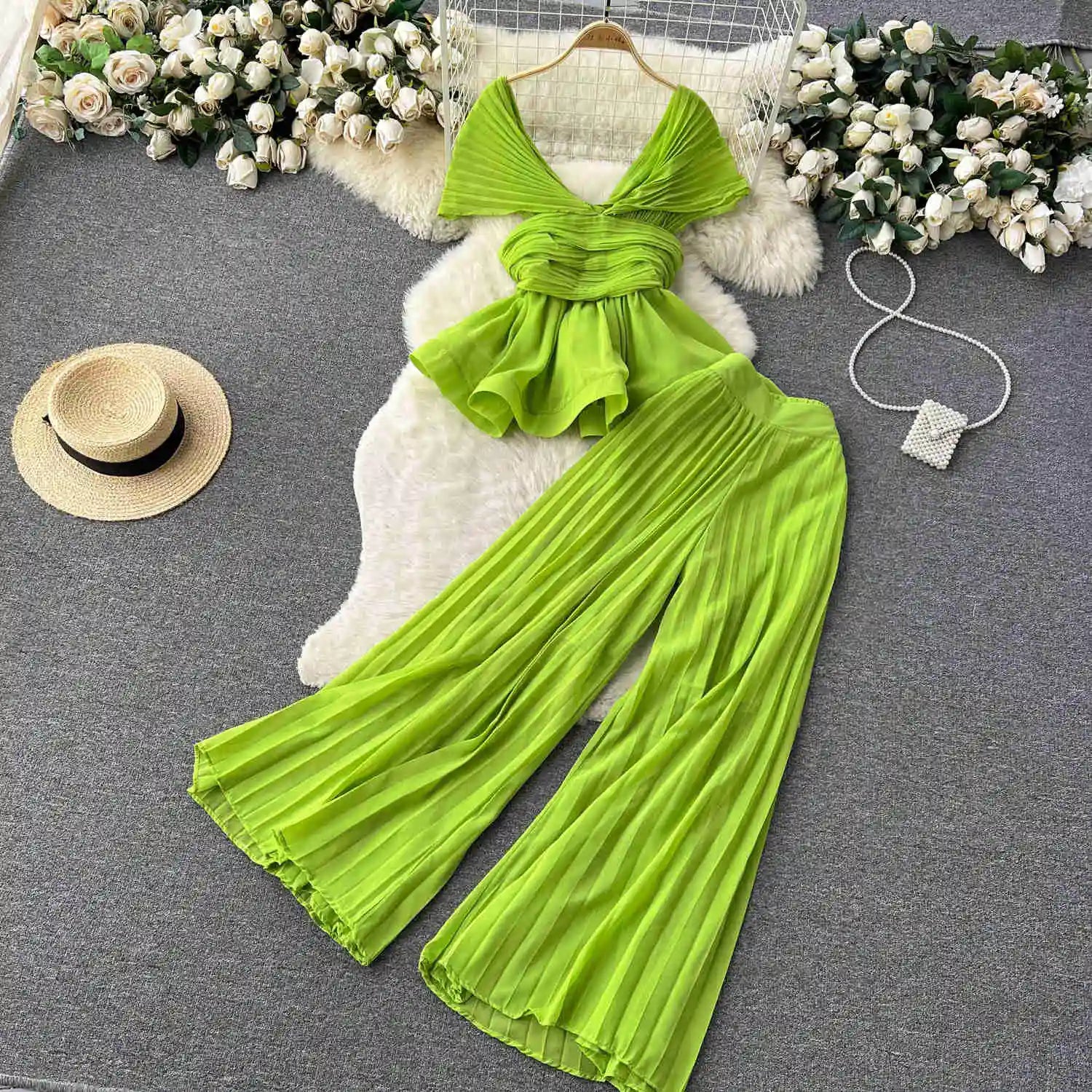 High End Elegant Pleated Sleeveless Chiffon Top+High Waist Wide Leg Pants Two Piece Set