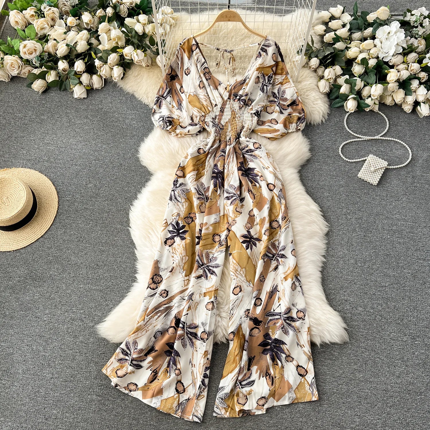V Neck Dolman Sleeves Floral Print Wide Leg Jumpsuit