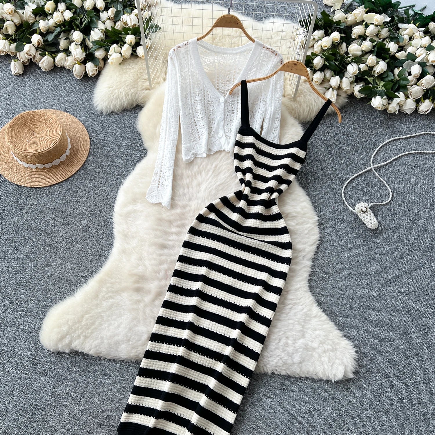 Two piece set Hook flower hollow striped Two Piece Set