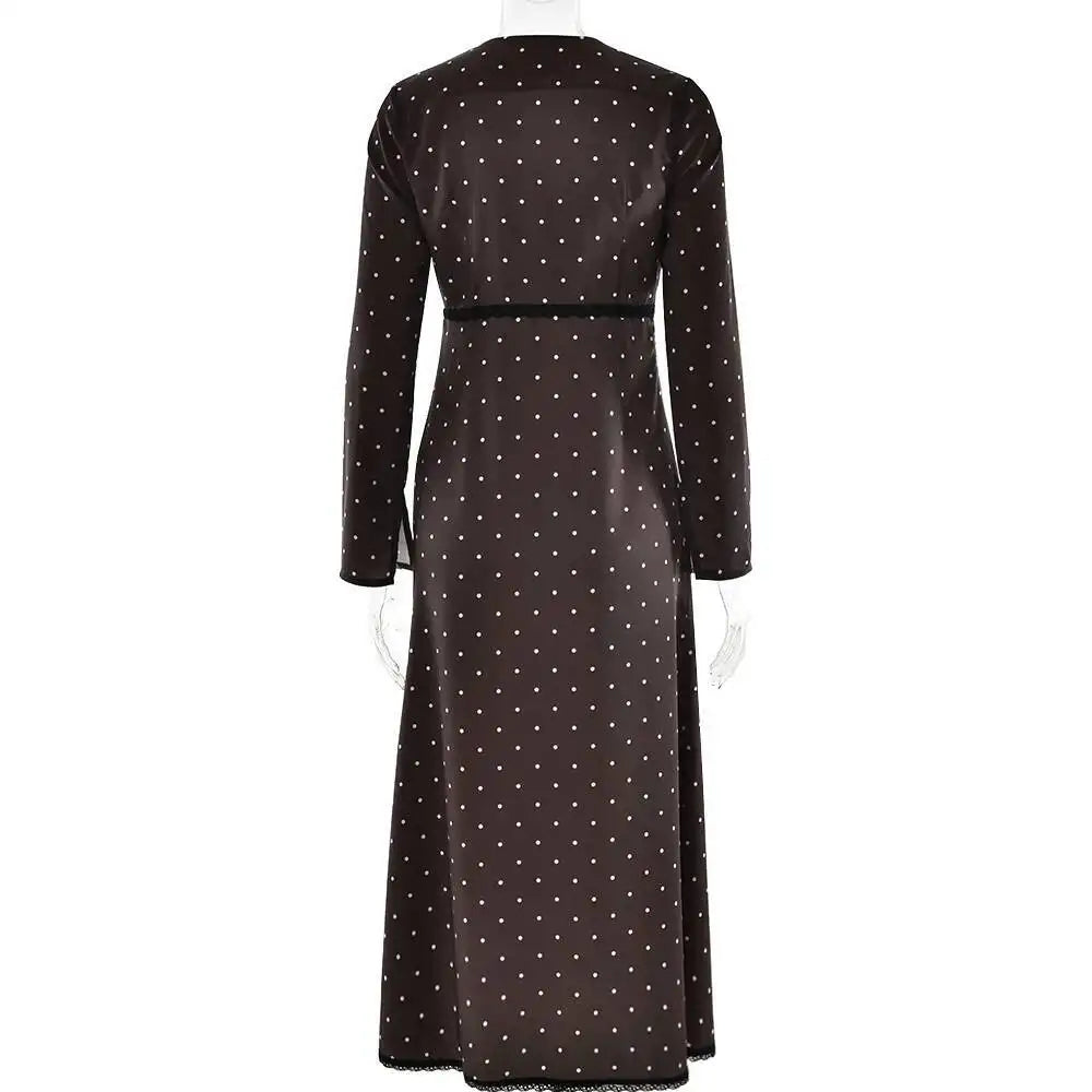 Polka Dot Long Sleeve Patchwork Lace Maxi Dress