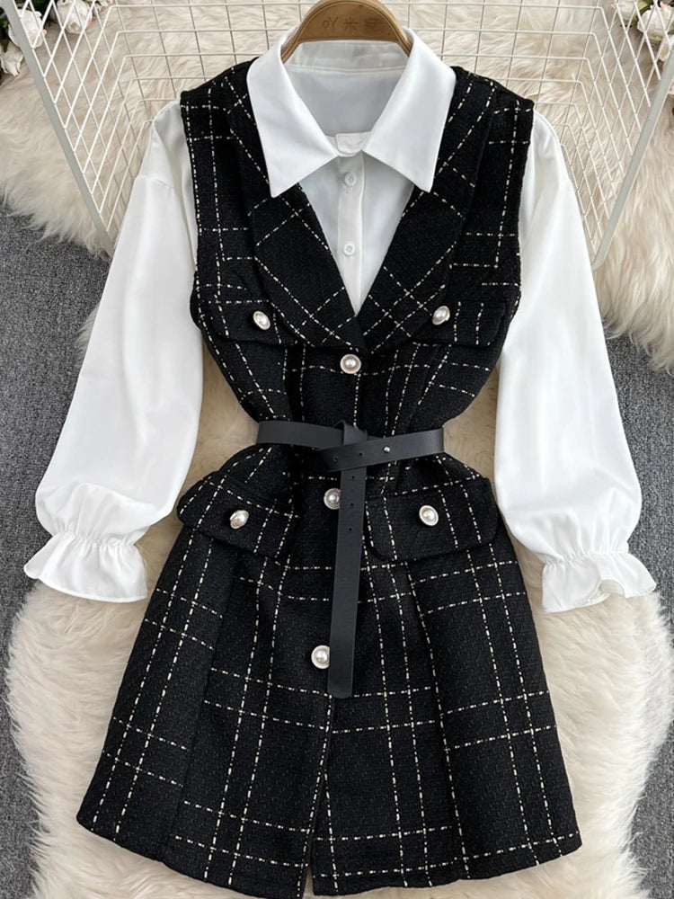 Temperament Lapel White Shirt+V-neck Single Breasted Tweed Vest  Two-piece Set Dress