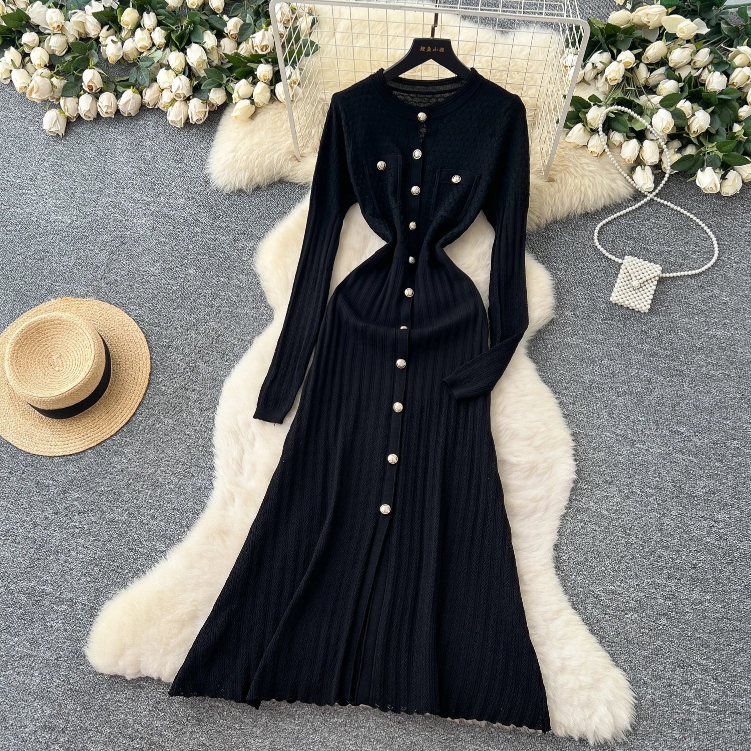 High-Waisted Knitted Long Autumn Hollow out Dress