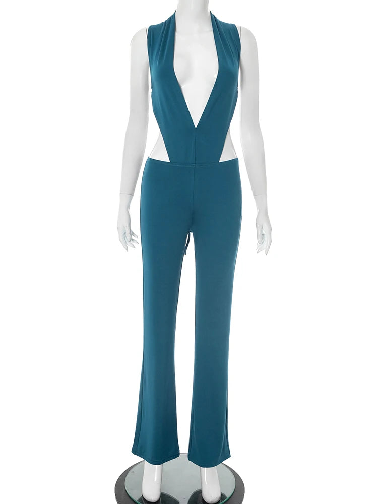 Deep V-Neck Hollow Bandage Bodysuit+Flare Pants Matching Two Piece Set