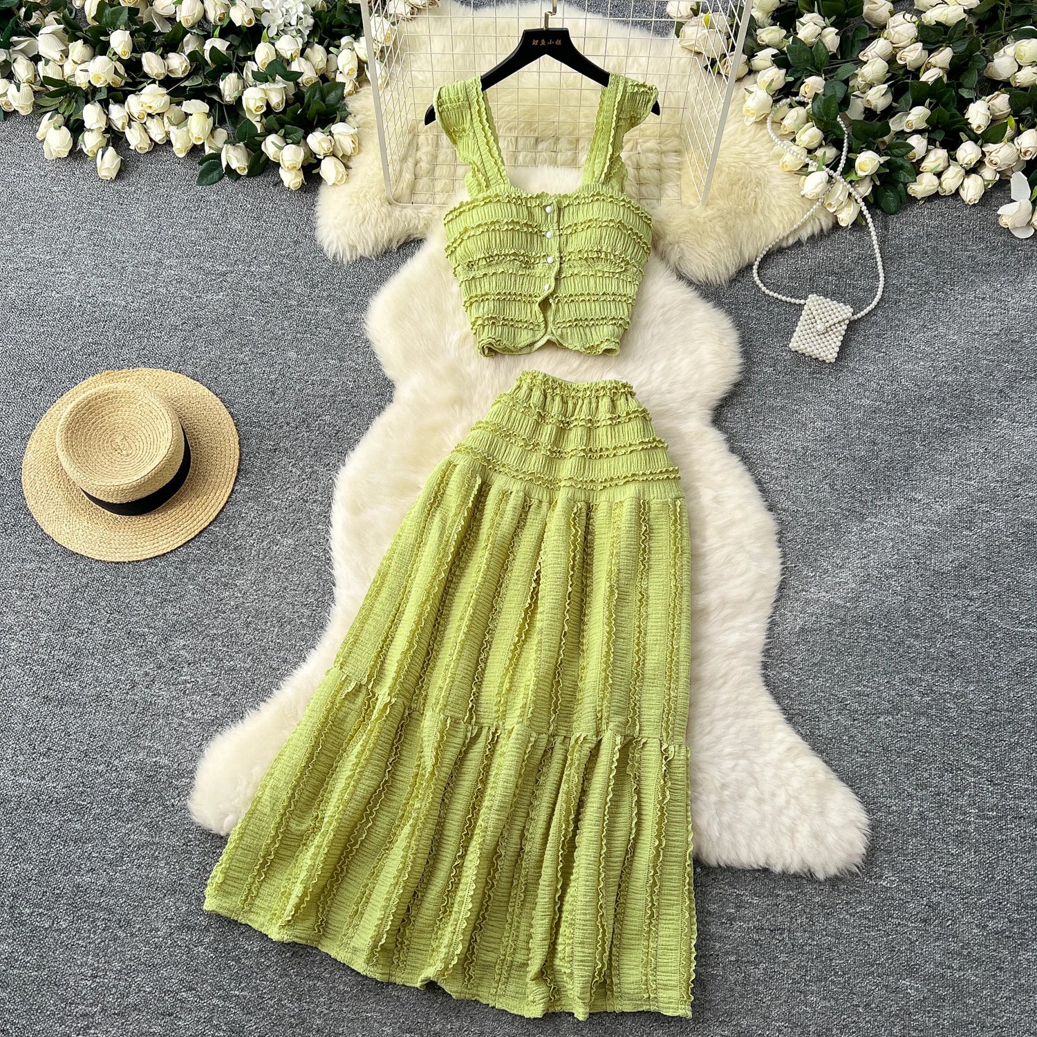 Casual Single Breasted Mini Camisole+Elastic Waist A Line Fold Slim Skirt Two Piece Sets