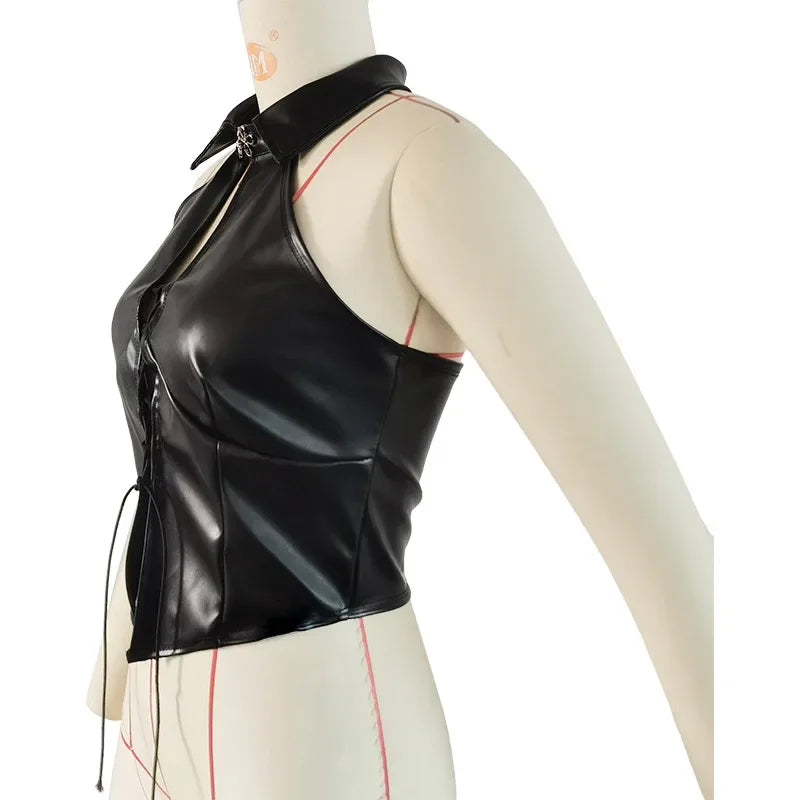 PU Imitation Leather Cross Bandage Hollow Out Halter Crop Tops