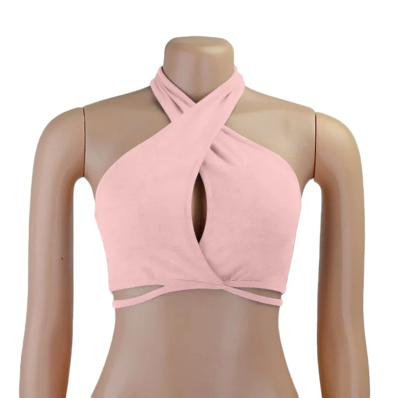 Off Shoulder Cross Wrap Halter Crop Tops