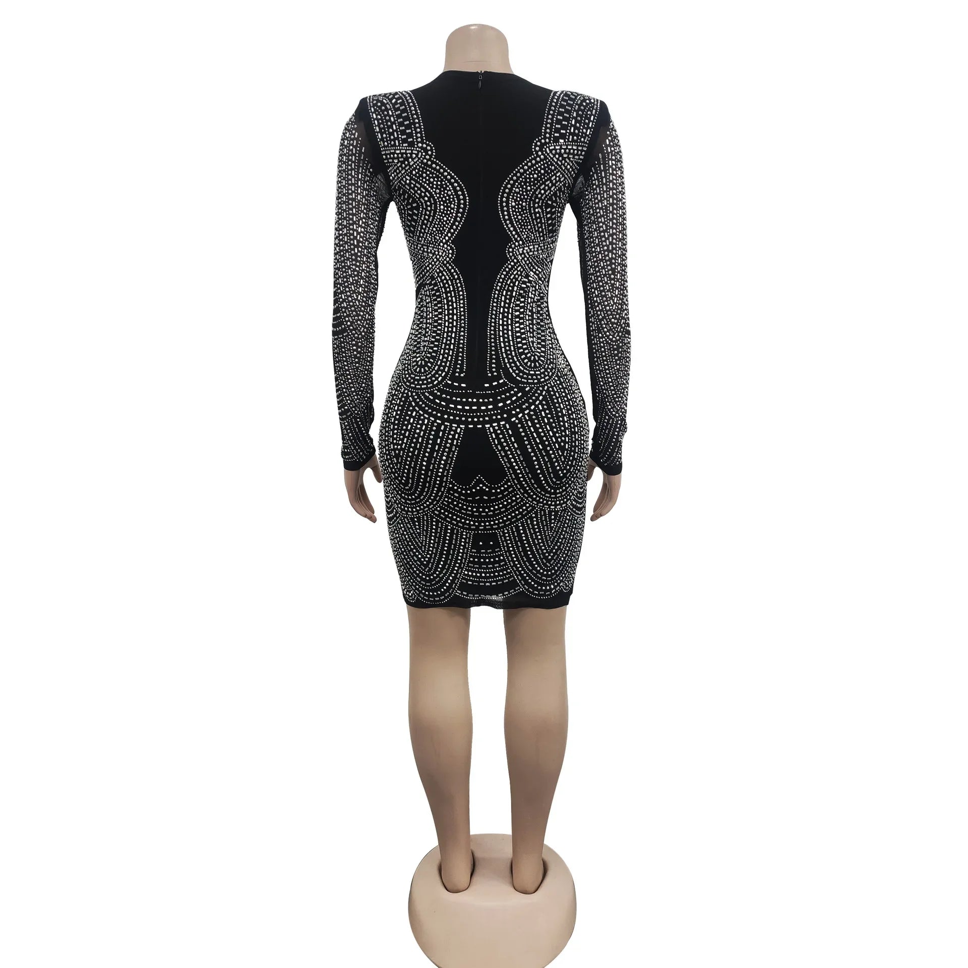 Diamond Mesh Bandage O Neck Long Sleeve Bodycon Mini Dress