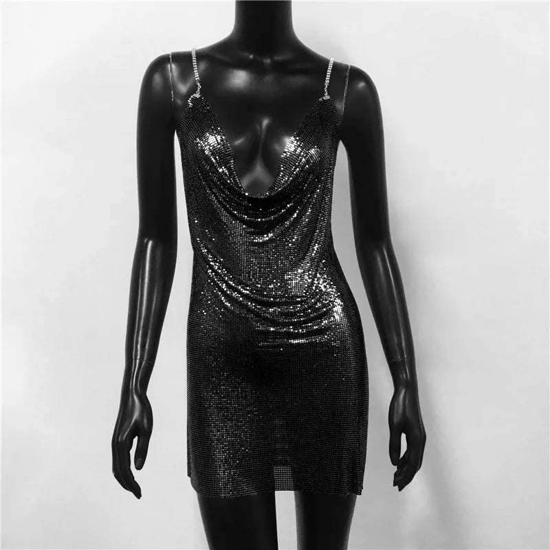 Backless Spaghetti Strap Metal Sequins Low Cut Dress