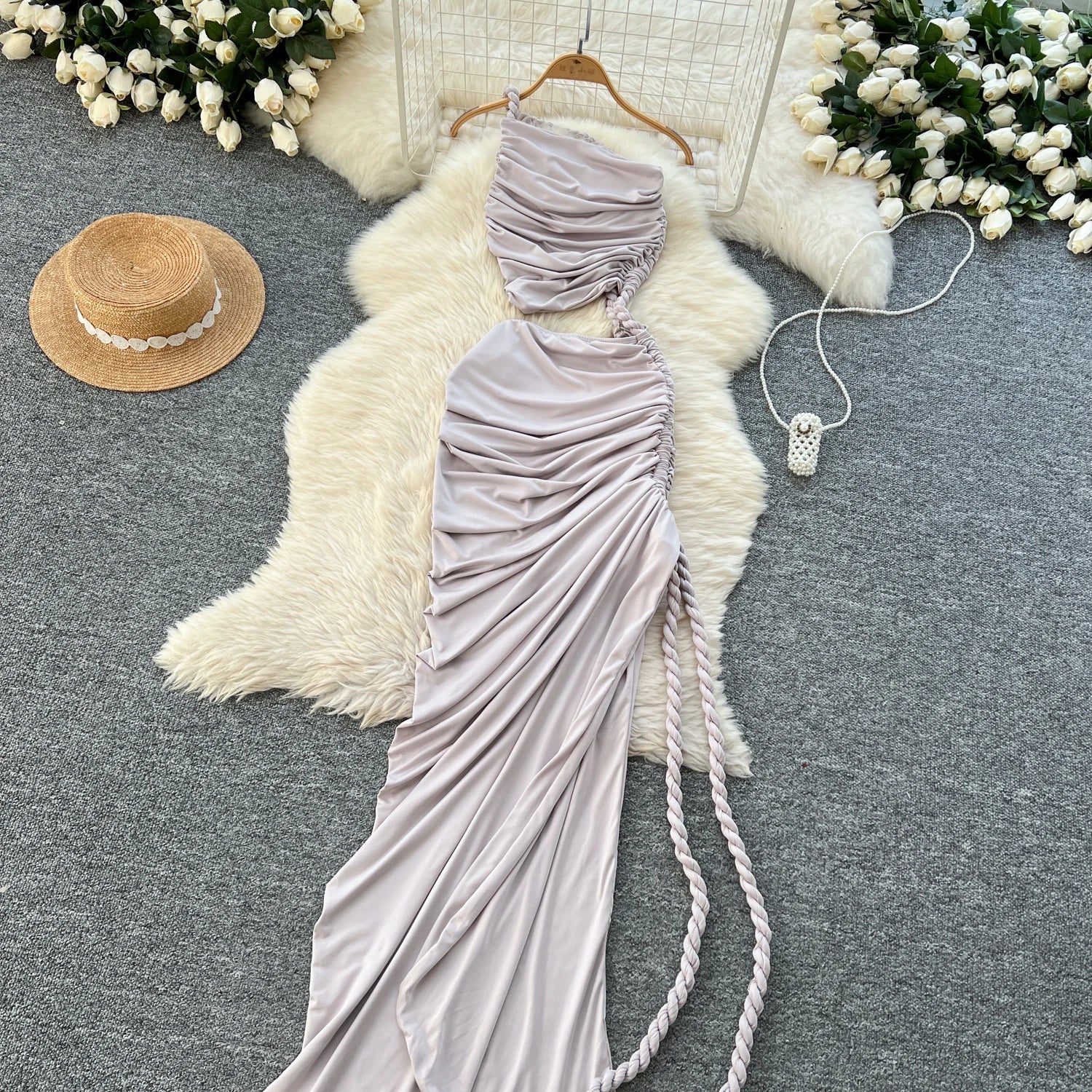 Hollow Out Split Ruched Solid Maxi Sundress