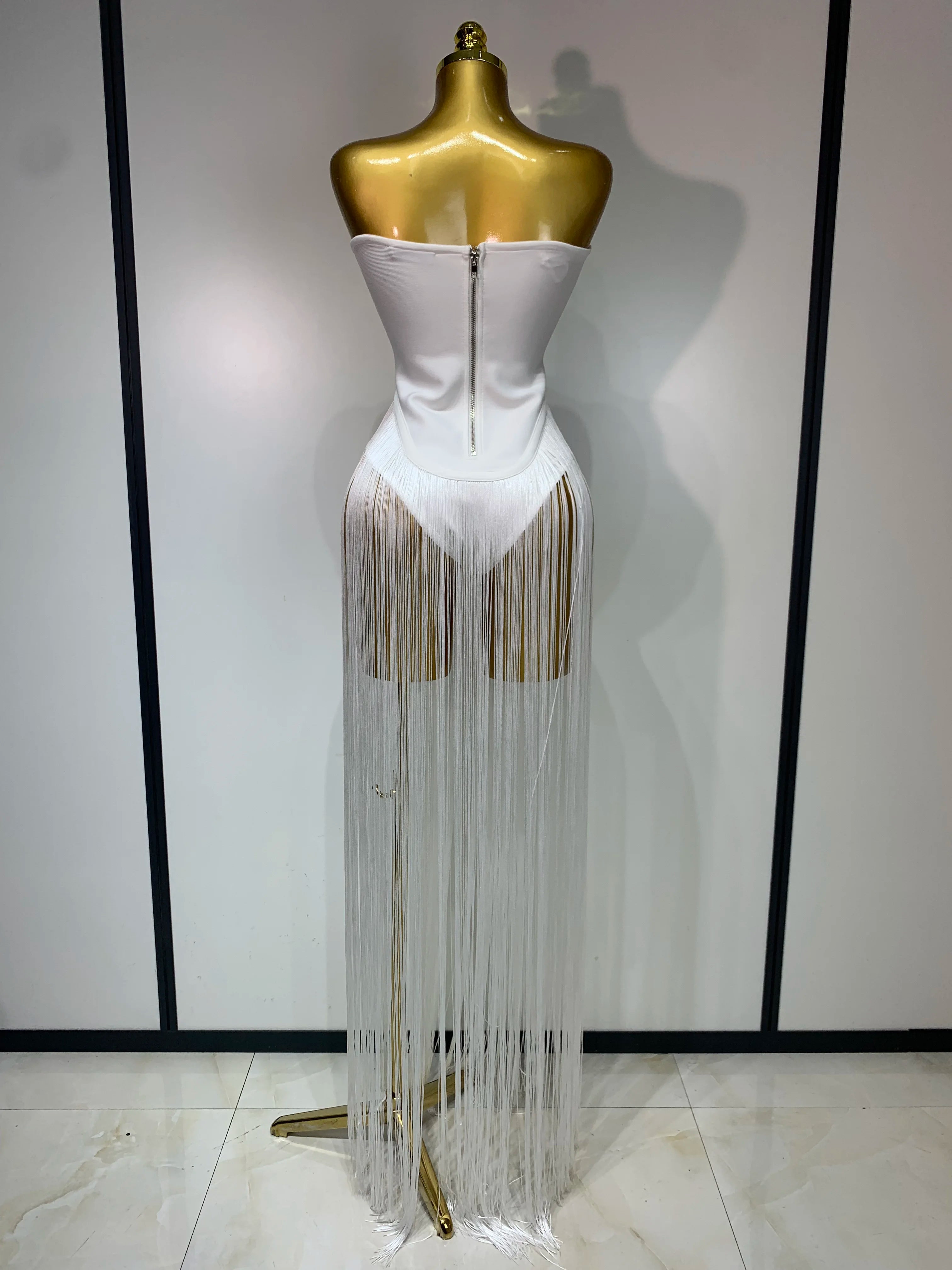 Luxury Long Tassel Patchwork Strapless Bandage Bodysuit Dress