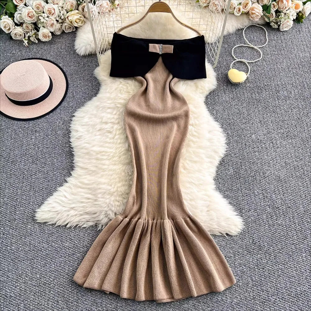 Elegant Slash Neck Mermaid Knit Bodycon Luxury Dresses