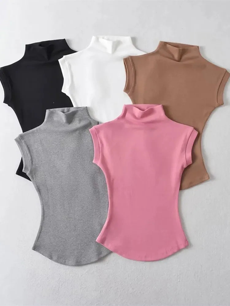 Turtleneck Sleeveless T-Shirts Tops Solid Slim Fit Pullovers Causal Tees Shirts