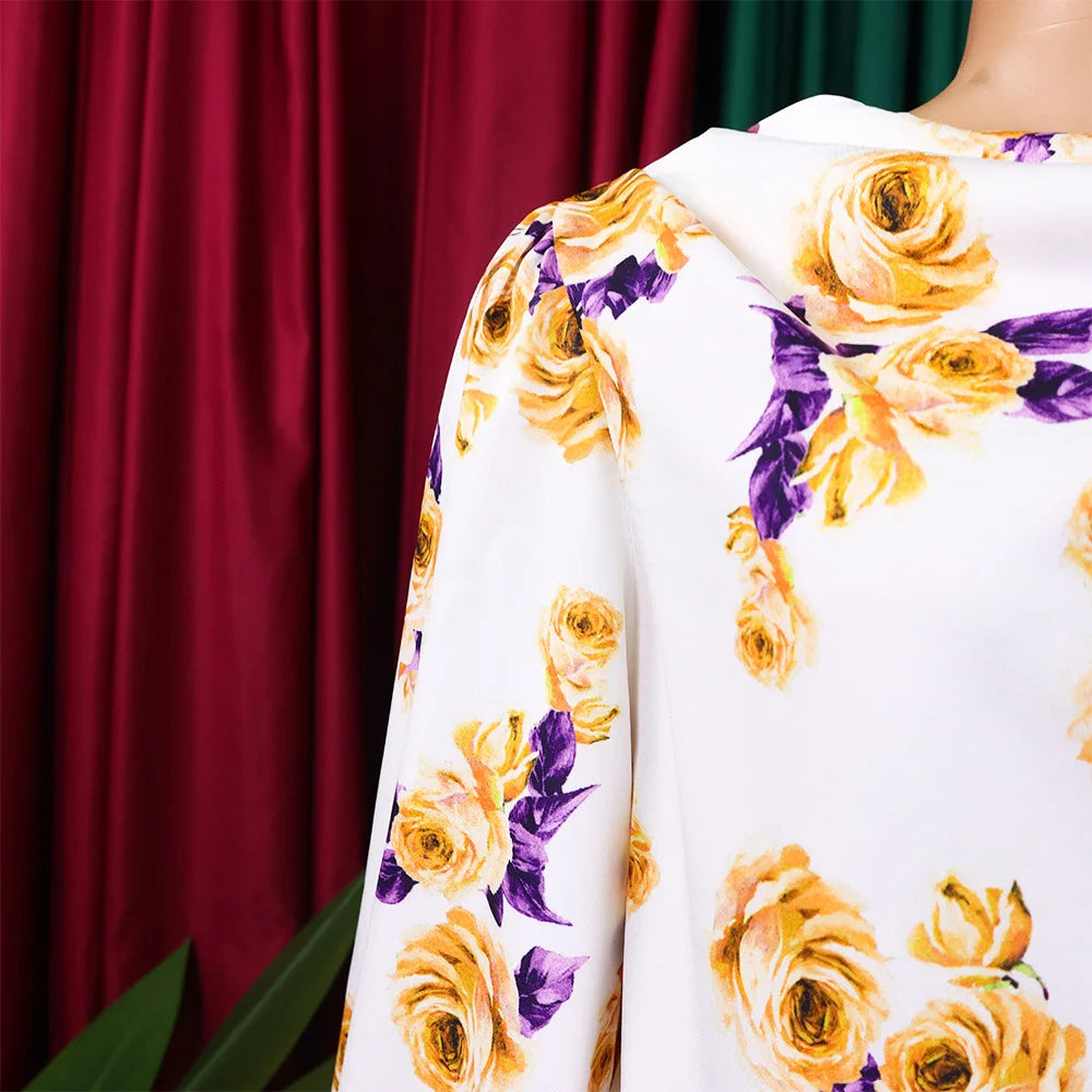 Two Piece Sets Slim Fit Print Floral Round Neck Lantern Sleeve Elegant Splice Wide Leg Long Pants