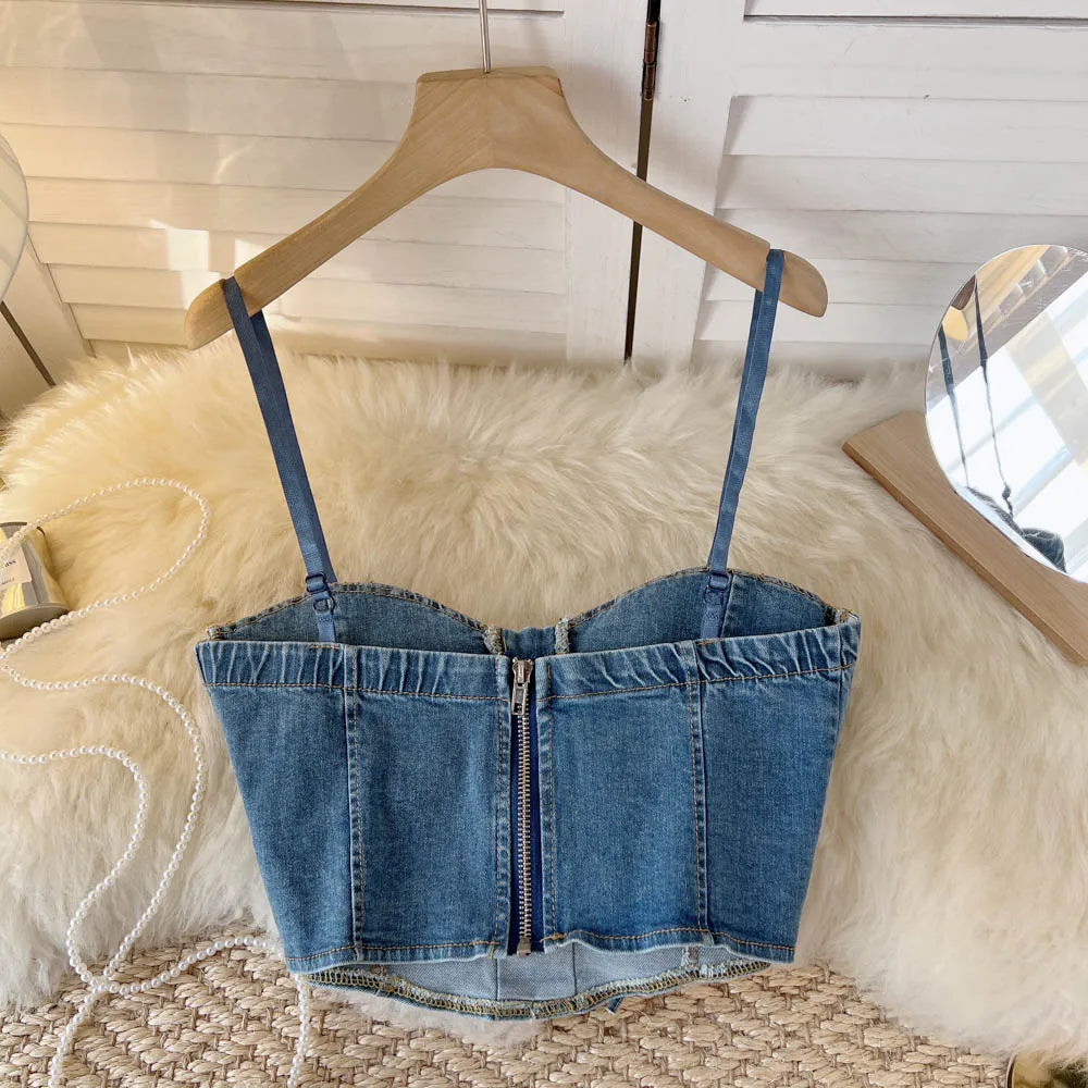 Spaghetti Strap Denim Drawstring Tanks Camis