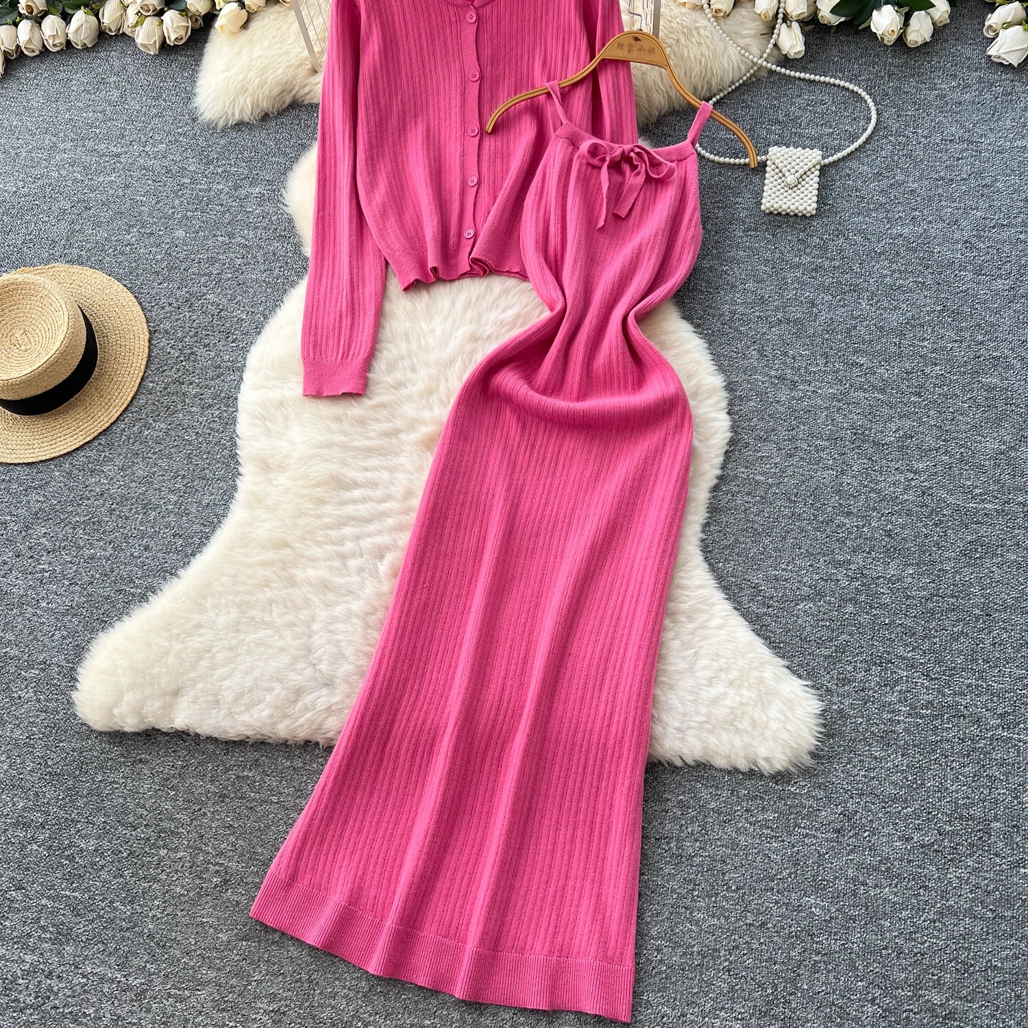 Elegant Long Sleeve Single Breasted Tops+Sleeveless Strap Bodycon Dress Knit Solid Sweater Sets