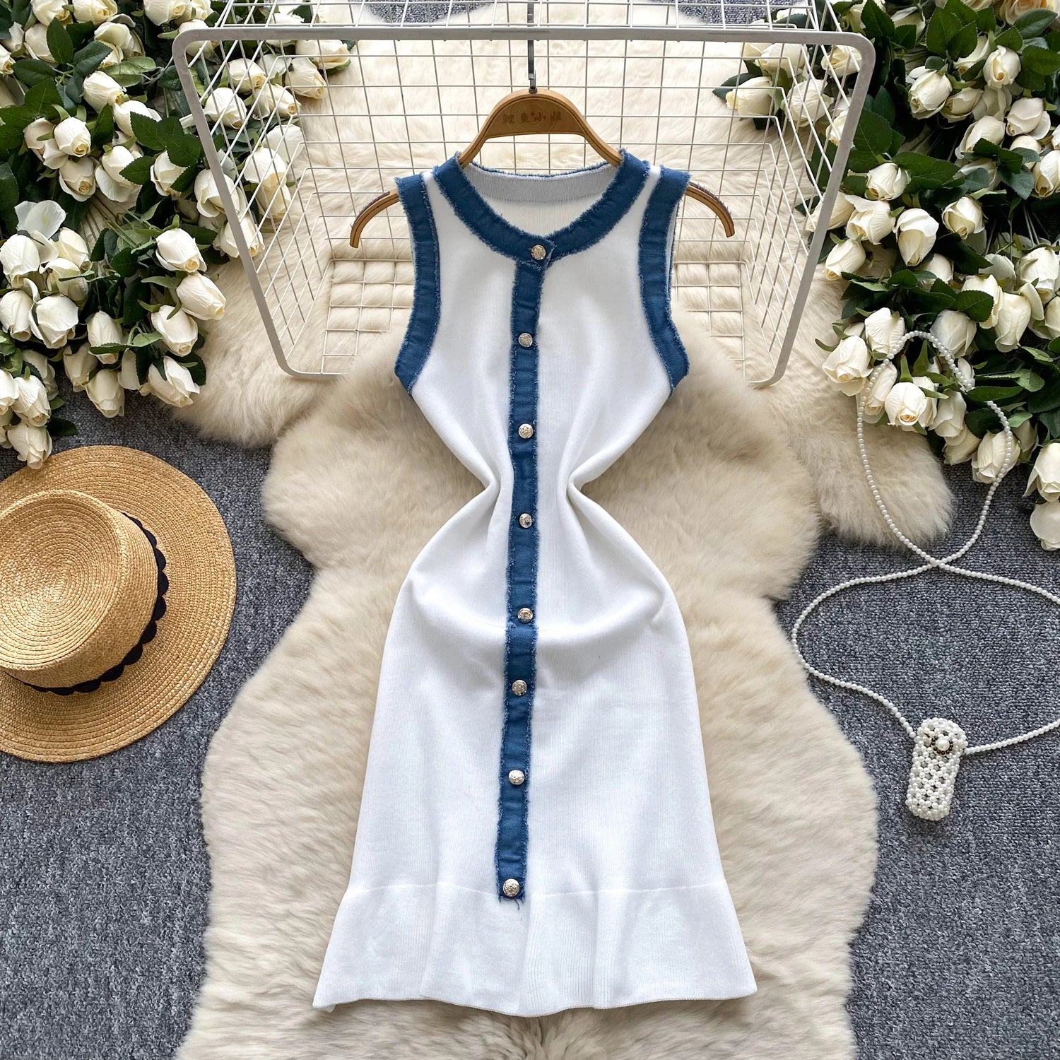Chic Denim Splice Knitting Dress