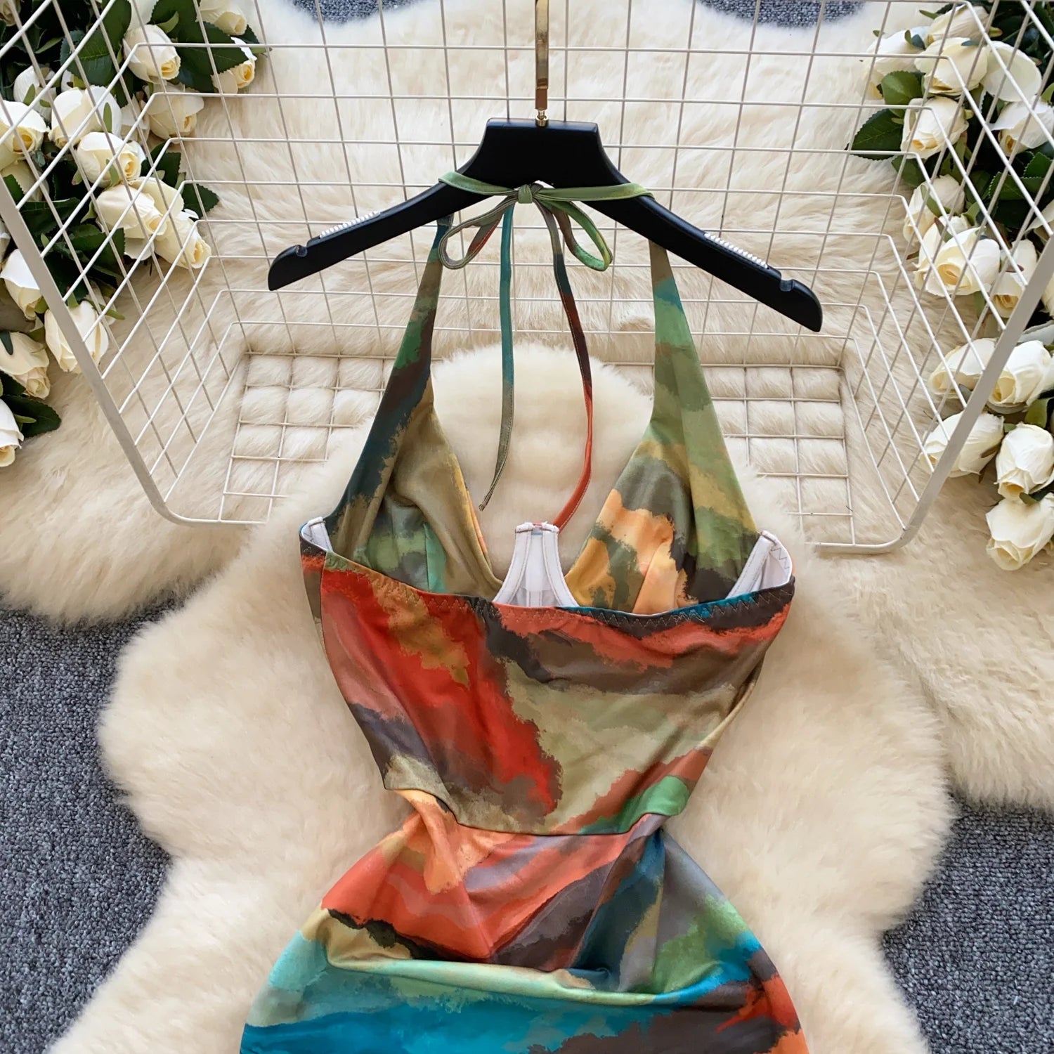 Irregular Sleeveless V Neck Slim Halter Split Bodycon Dress