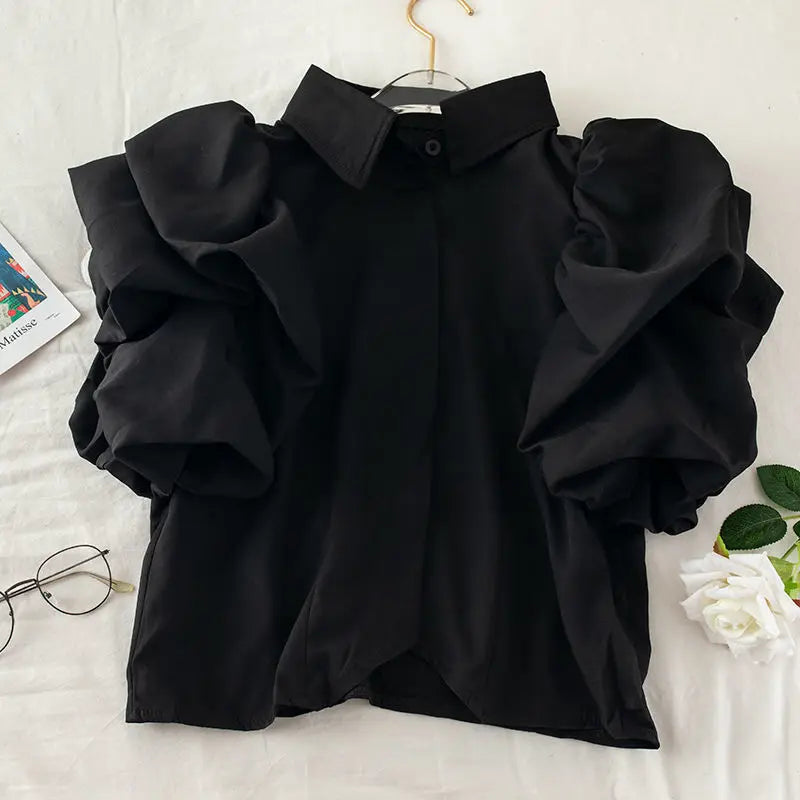 Lantern Short Sleeve Pleated Ruffled Blouse