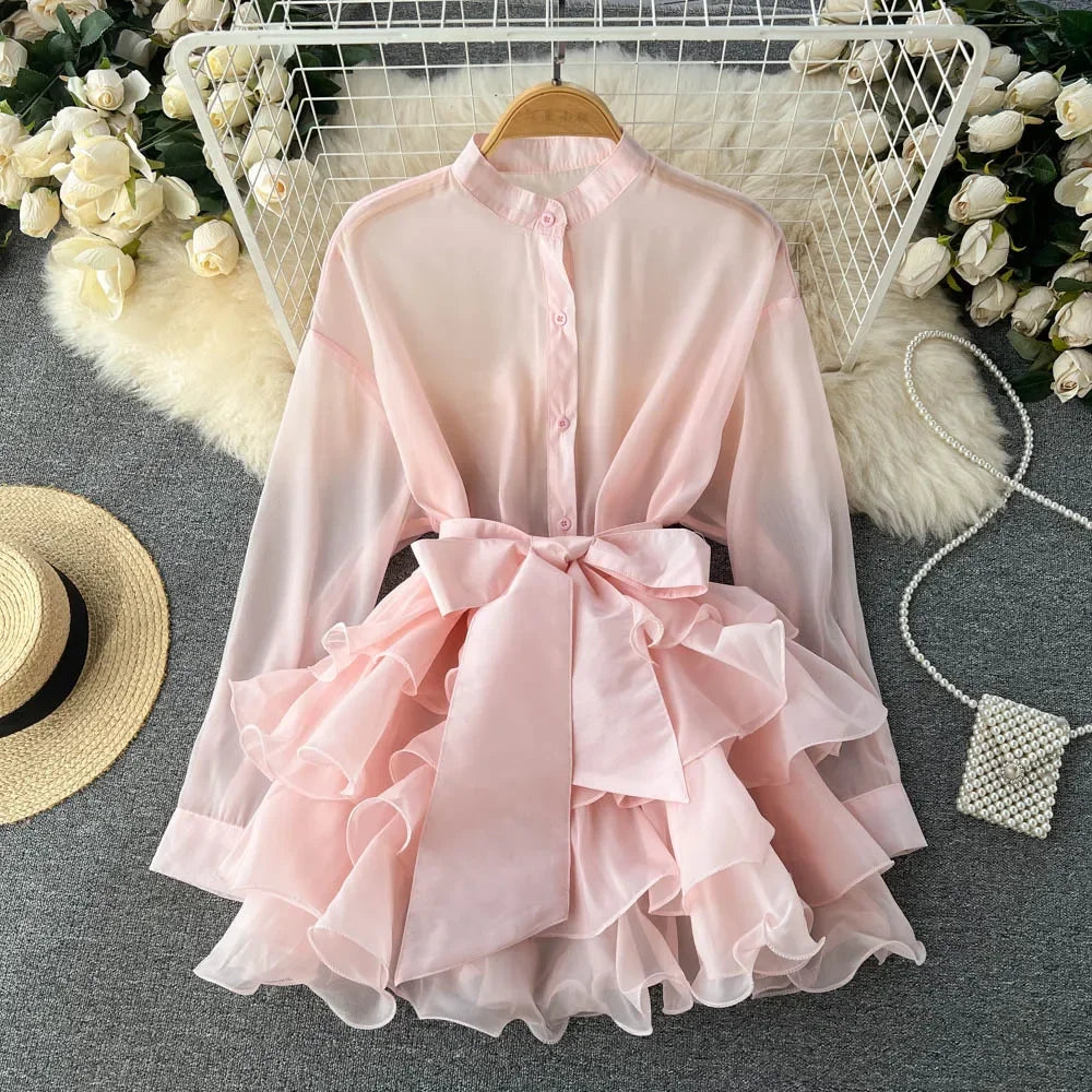 Chiffon Ruffle Edge Bow Tie Ruffle Blouse