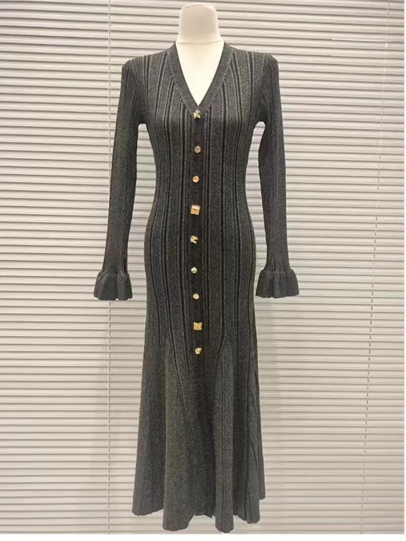 Autumn Winter Knitted V-Neck Long Sleeve Single Breasted Long Knitted Dress