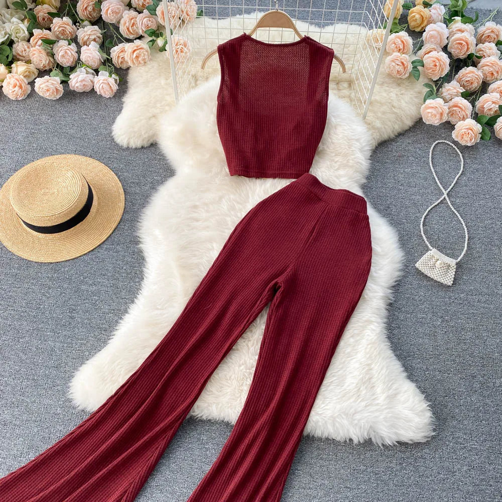 Two Pieces Set Sleeveless Slim Short Tops & High Waist Flare Pants Suits