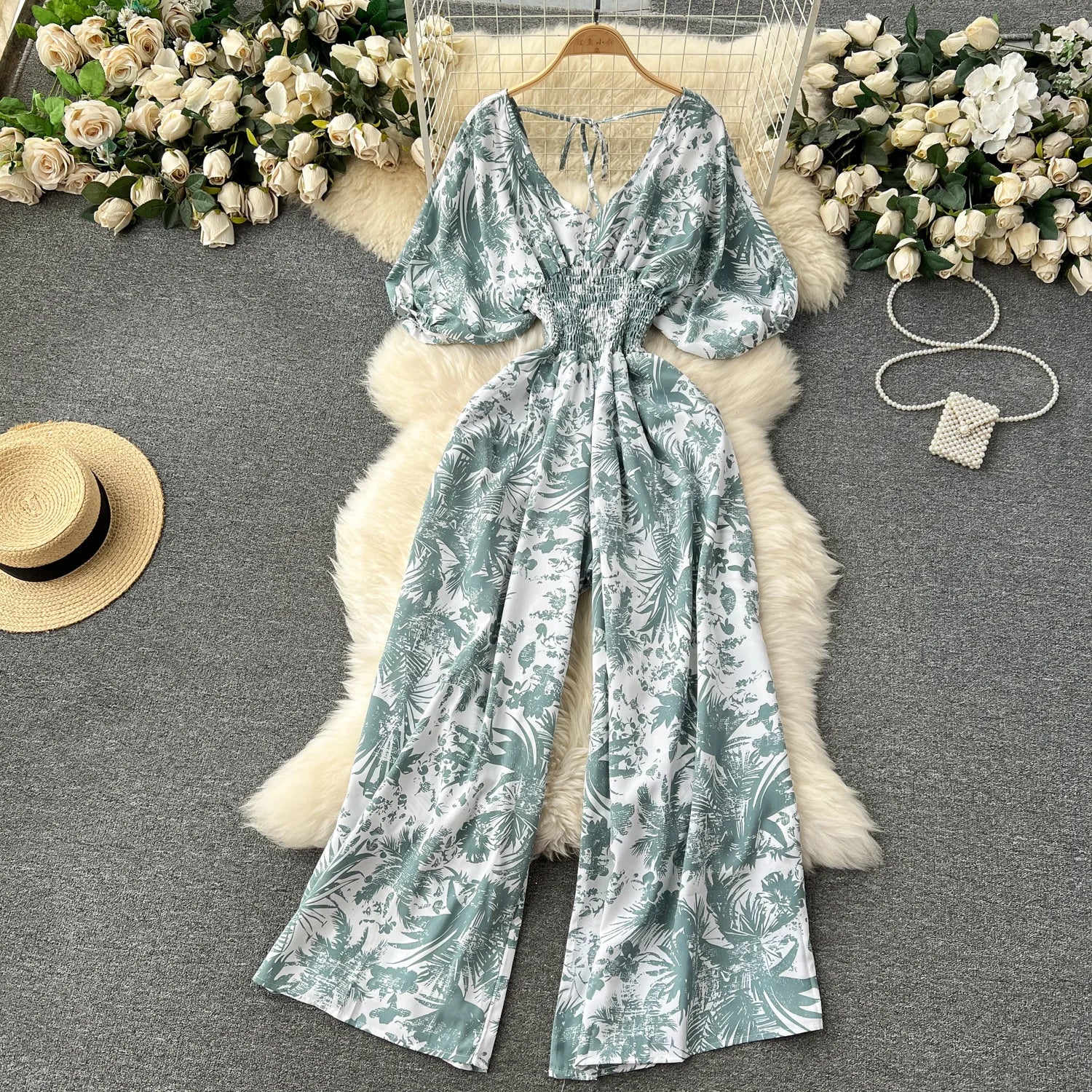 V Neck Dolman Sleeves Floral Print Wide Leg Jumpsuit